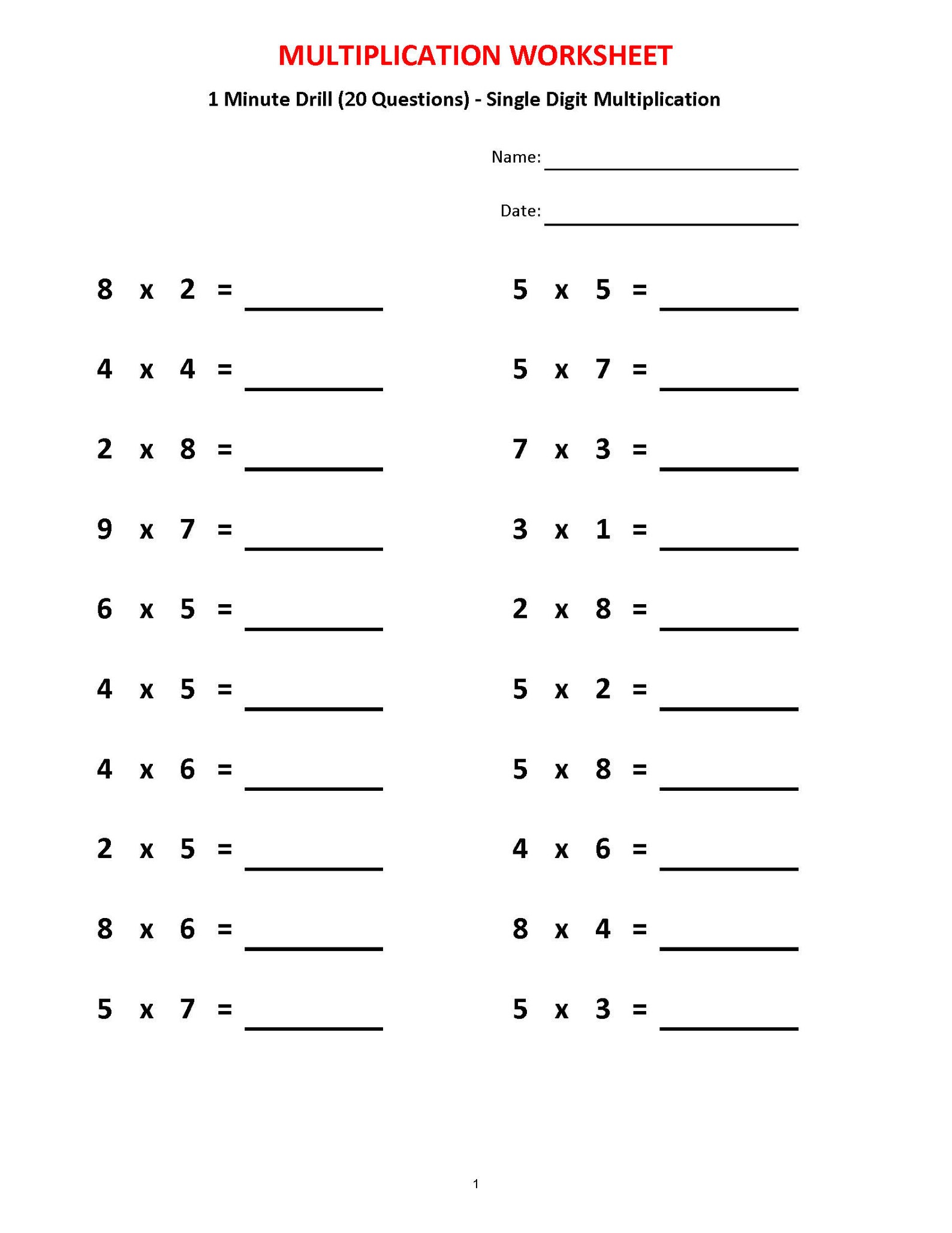  Multiplication 1 Minute Drill H 10 Math Worksheets With Etsy