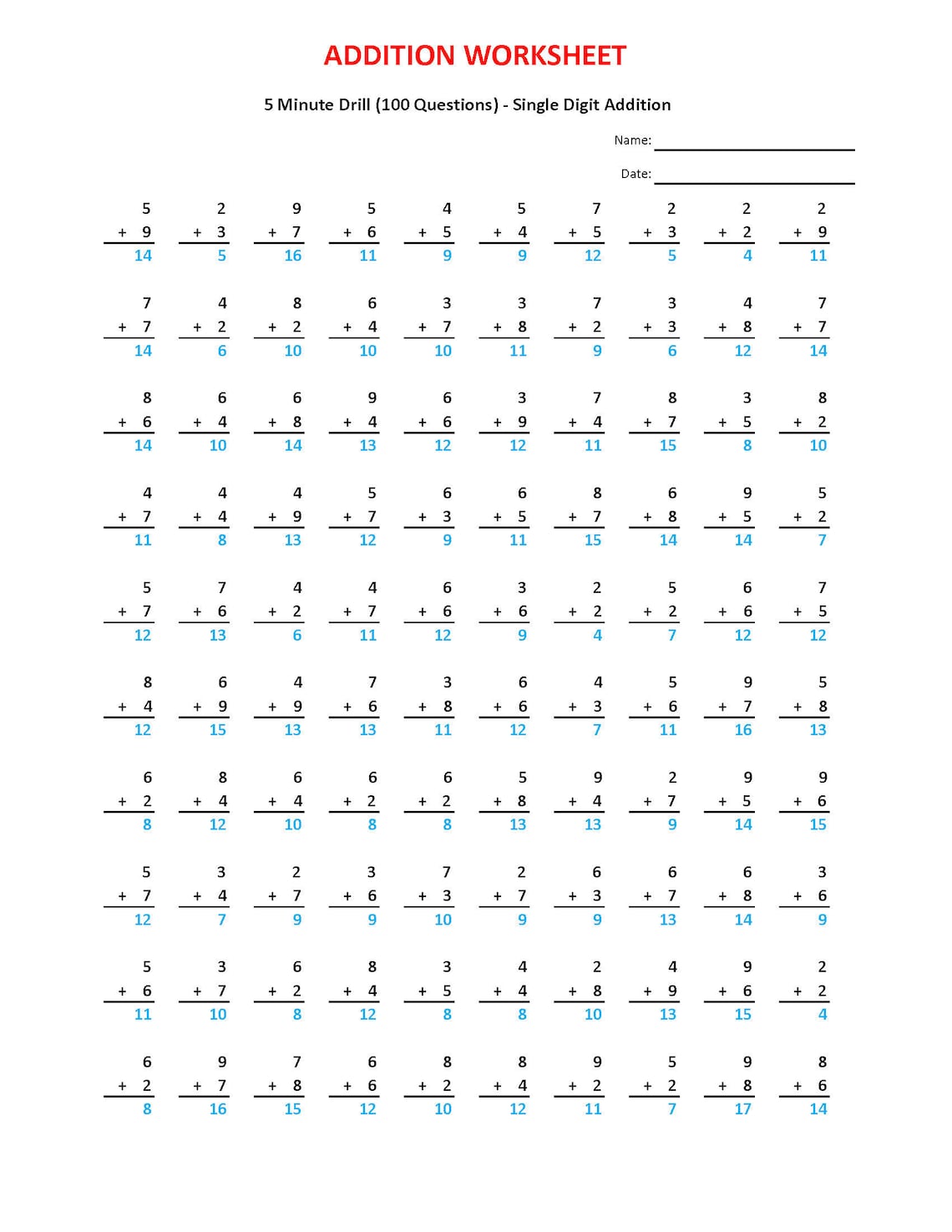 5 Minute Math Drills Addition