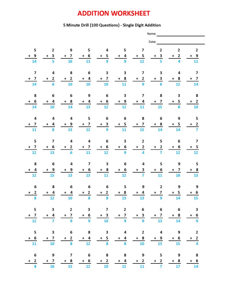 Addition 5 minute drill V 10 Math Worksheets with | Etsy