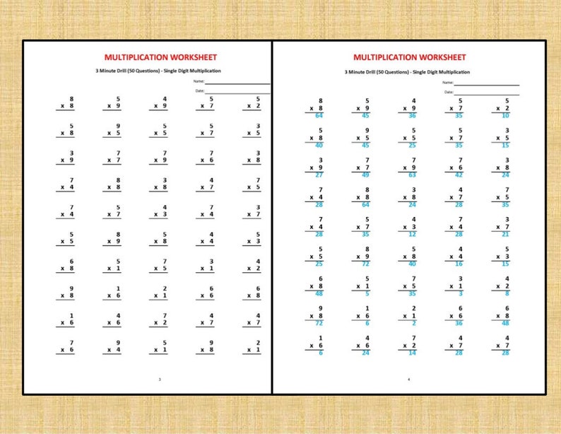 multiplication 3 minute drill v 10 math worksheets with etsy