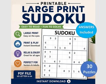 Printable Sudoku Puzzles, Large Print Sudoku Book, Easy Brain Games for Adults, Seniors & Teens, PDF Instant Download, Answers included