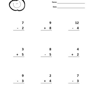 May include: A black and white worksheet with a smiling apple at the top. The worksheet has nine math problems, with a mix of addition and subtraction problems. The problems are all single-digit numbers.