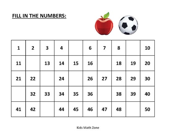 fill in missing numbers 1 to 50 10 printable worksheets etsy
