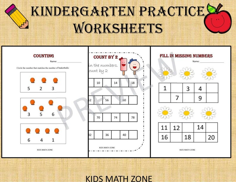 May include: A printable worksheet for kindergarten students to practice counting and number recognition. The worksheet has three sections: counting basketballs, counting by 2s, and filling in missing numbers. The worksheet is designed to be fun and engaging for young learners.