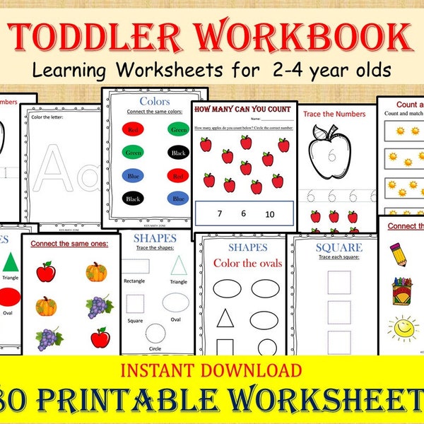 TODDLER WORKBOOK (80 Printable worksheets), Kids activities, Preschool Learning, Alphabet, Tracing, Numbers, Shapes, Colors, 2-4 year old