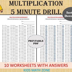 Multiplication 5 minute drill Worksheets with answers/pdf/ Year 2,3,4/ Grade 2,3,4/Printable worksheets/ Basic multiplication image 1