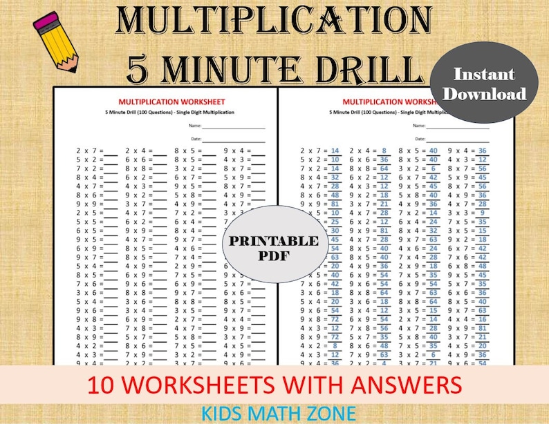 Multiplication 5 minute drill Worksheets with answers/pdf/ Year 2,3,4/ Grade 2,3,4/Printable worksheets/ Basic multiplication image 1