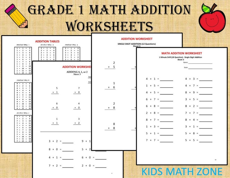 Puede incluir: Un conjunto de hojas de trabajo imprimibles para estudiantes de primer grado de matem&aacute;ticas. Las hojas de trabajo incluyen tablas de suma y problemas de suma. Las hojas de trabajo se titulan "Grade 1 Math Addition Worksheets".