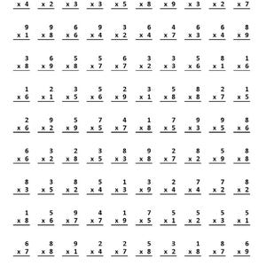 May include: A black and white multiplication worksheet with rows of math problems. The top of the page has fields for a name and date. The problems involve multiplying single-digit numbers.