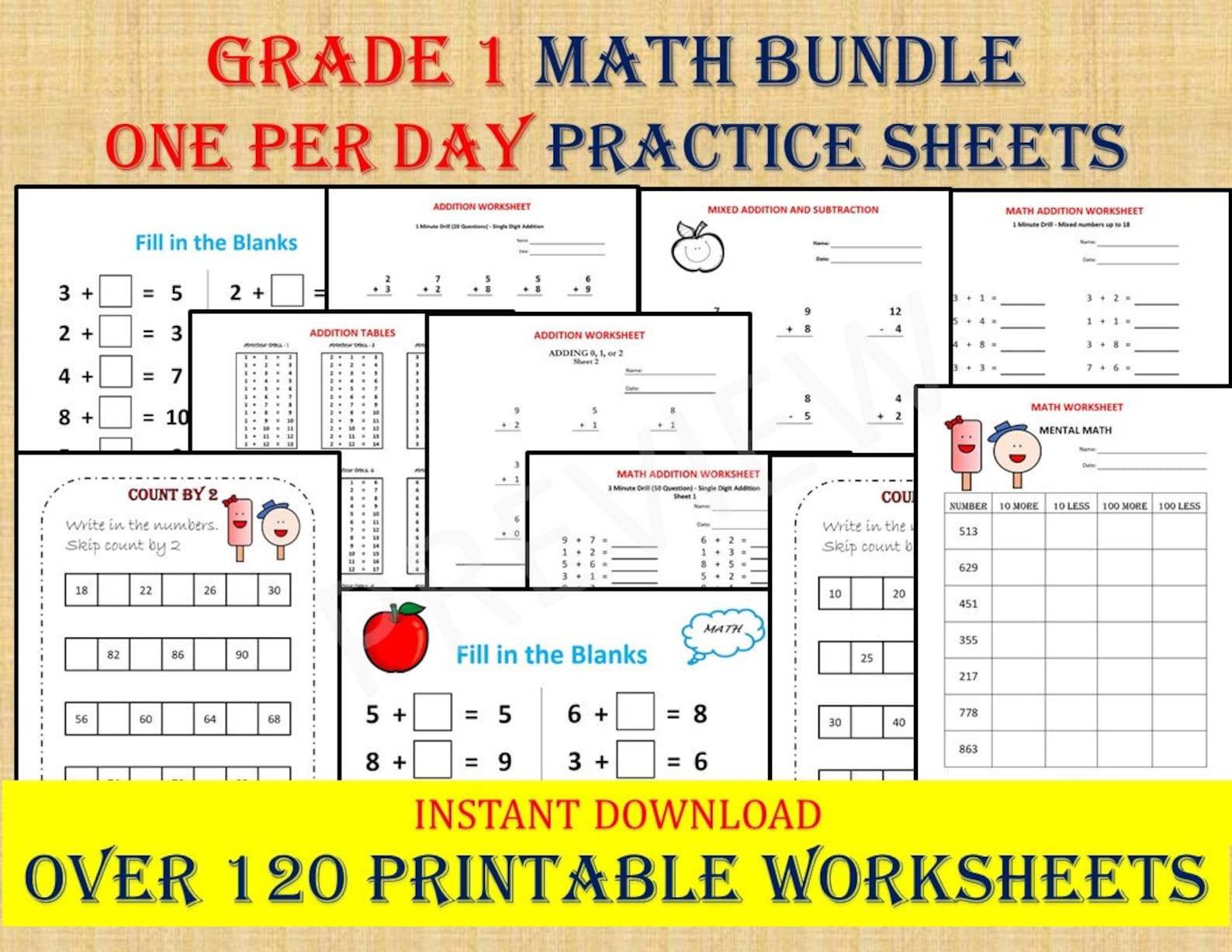 GRADE 1 MATH Workbook one per day 120 math Worksheets 1st | Etsy