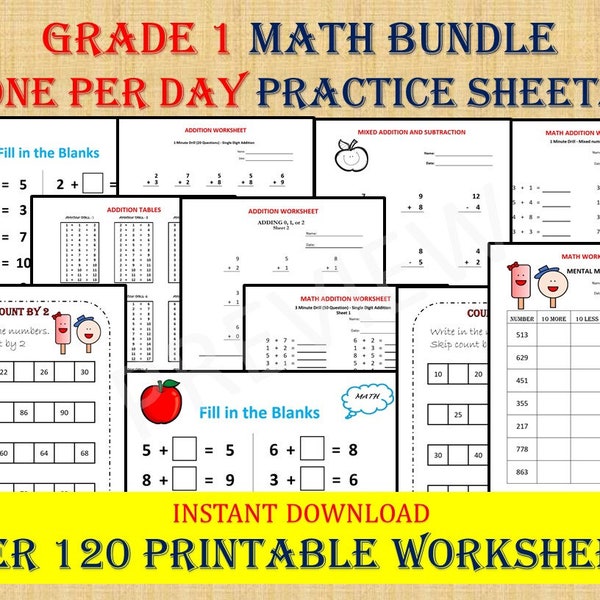 GRADE 1 MATH Workbook, one per day (120 math Worksheets), 1st grade math, Printable worksheets, homeschool, Math Facts, Montessori, Kumon