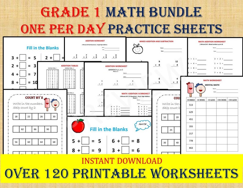May include: A collection of printable Grade 1 math worksheets. The worksheets include addition, subtraction, and counting exercises. The image features the text "Grade 1 Math Bundle" and "Over 120 Printable Worksheets."