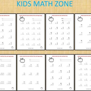 May include: A printable worksheet with eight pages of mixed addition and subtraction problems for kids. Each page features a red apple with a green leaf and the title "Mixed Addition and Subtraction".