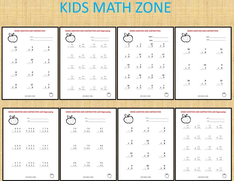 May include: A printable worksheet with eight pages of mixed addition and subtraction problems for kids. Each page features a red apple with a green leaf and the title "Mixed Addition and Subtraction".