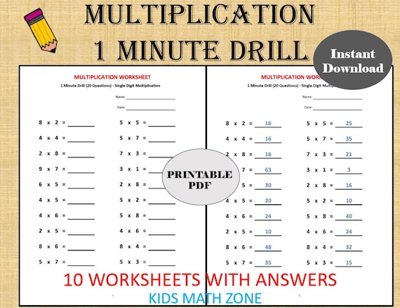 multiplication 1 minute drill h 10 math worksheets with etsy