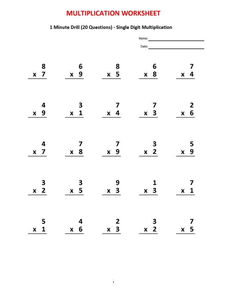 Free Printable One Minute Multiplication Worksheets