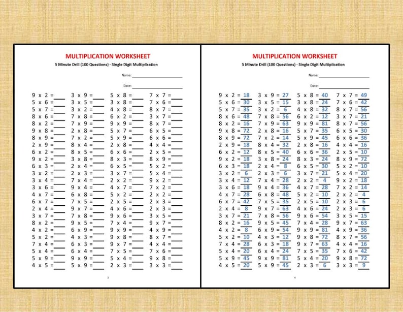 Multiplication 5 minute drill Worksheets with answers/pdf/ Year 2,3,4/ Grade 2,3,4/Printable worksheets/ Basic multiplication image 2