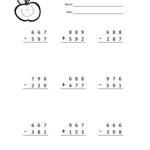 May include: A black and white worksheet with a red apple at the top. The worksheet has math problems for addition and subtraction with regrouping. The problems are arranged in three columns. The worksheet is titled "Mixed Addition and Subtraction with Regrouping".