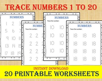 Trace Numbers 1-20: Preschool Kindergarten Worksheets (Digital Download)