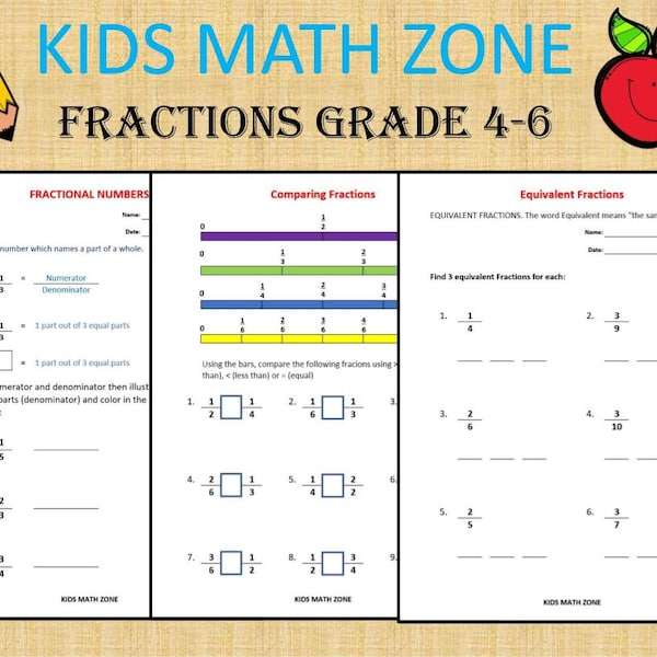 Fractions GRADE 4-6 Worksheets- Compare, Add, Subtract, Multiply / Equivalent Fractions, Mixed Numbers, Fractional numbers/ Ratios/ Fraction