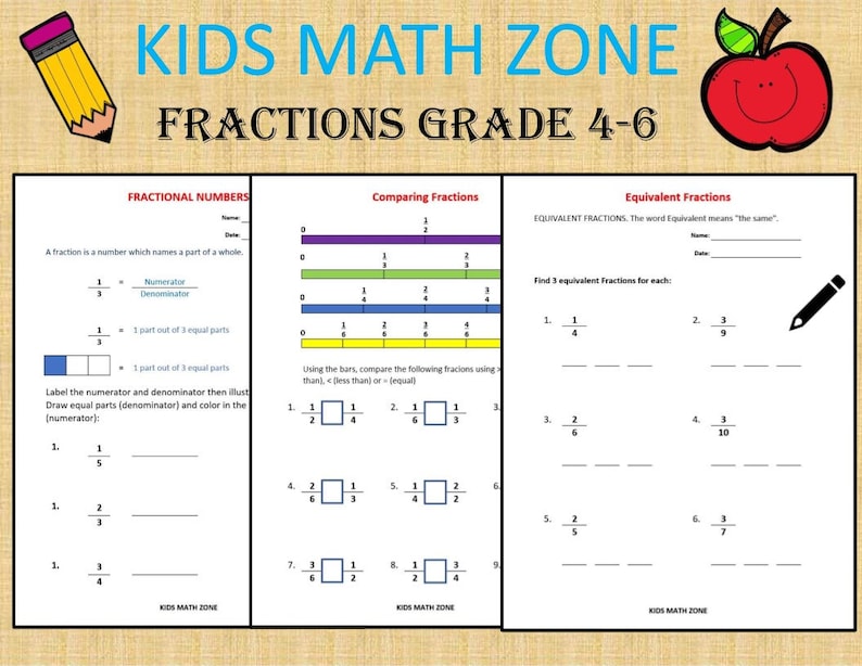 fractions grade 4 6 worksheets compare add subtract etsy