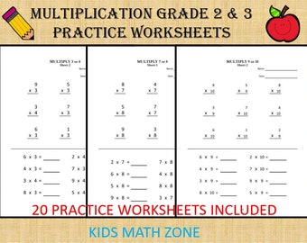 Multiplication worksheets for Grade 2 & 3 - 20 sheets/ pdf/ Year 2,3,4/ Grade 2,3,4/ Numeracy Games Kids/ Printable Multiplication