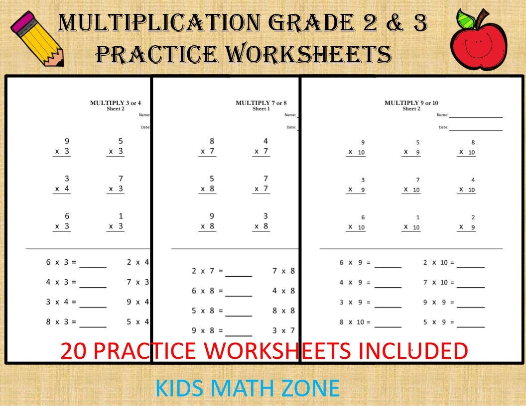 multiplication worksheets for grade 2 3 20 sheets pdf etsy new zealand