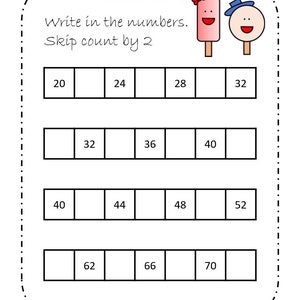 May include: A worksheet with the words "Count by 2" and "Skip count by 2" at the top. The worksheet has four rows of boxes with numbers to fill in, counting by 2s. The numbers 20, 24, 28, 32, 36, 40, 44, 48, 52, 62, 66, and 70 are visible. The worksheet is decorated with two cartoon popsicles.