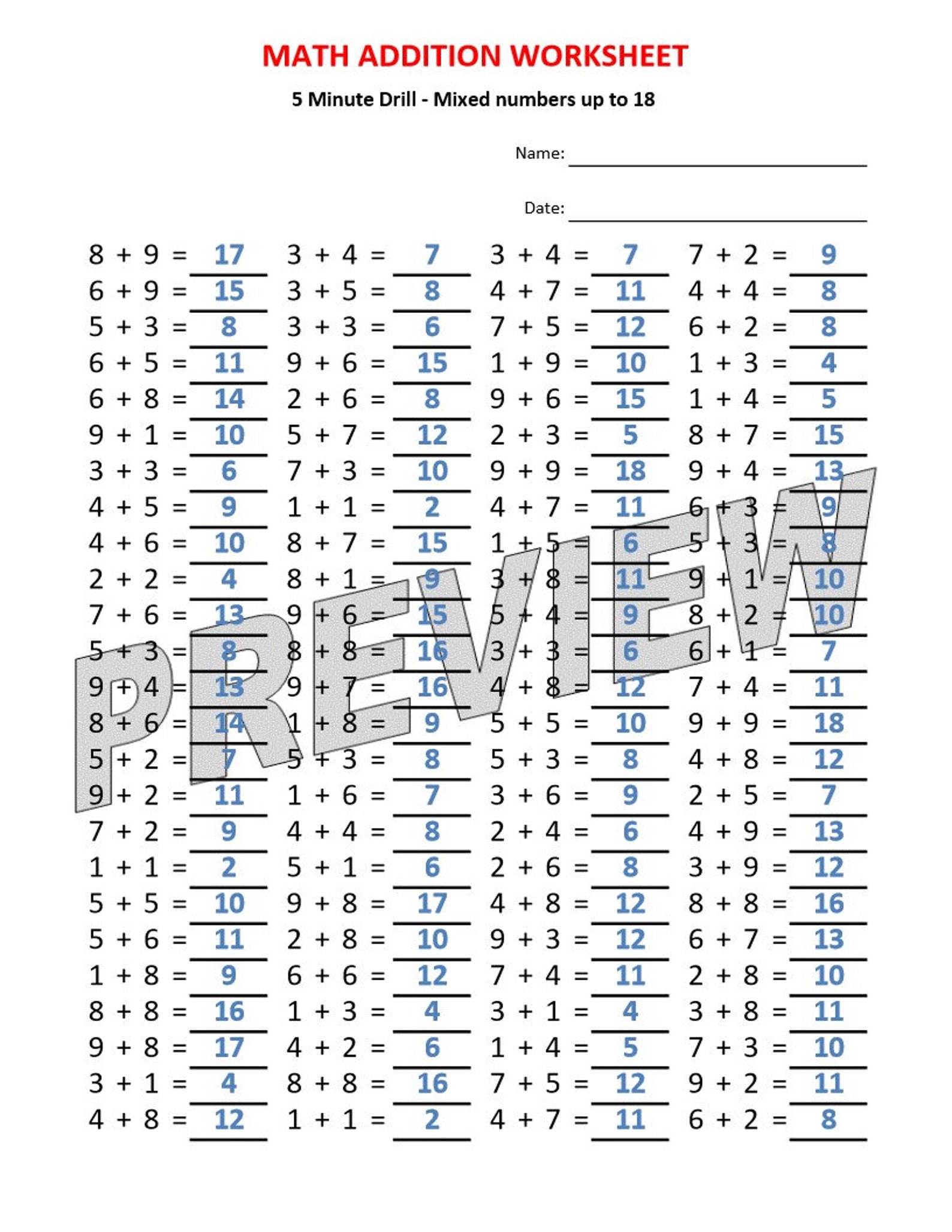 Addition 5 Minute Drill H 10 Math Worksheets With Answers/pdf/ Year 1,2 ...