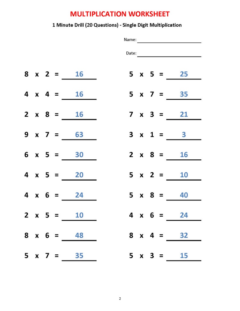 multiplication 1 minute drill h 10 math worksheets with etsy