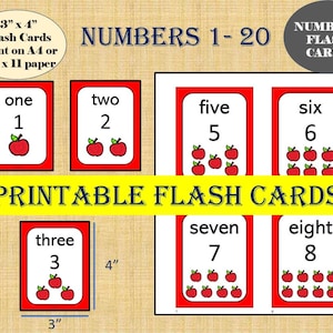 CARTÕES FLASH DE NÚMEROS (Números 1 a 20)/ Jardim de infância/ Jogo educativo/ Escola em casa/ Pré-escola/ Para impressão/