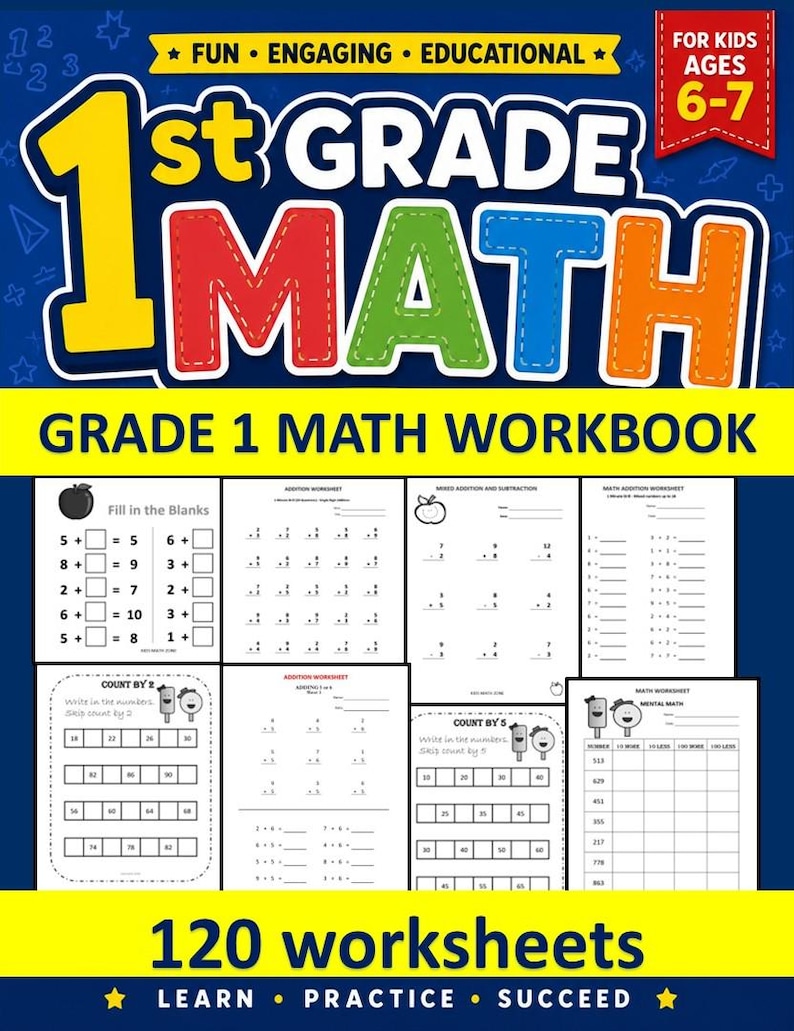 May include: A colorful workbook for 1st grade math, featuring the text "1st GRADE MATH" in large, bold letters. The cover includes the text "GRADE 1 MATH WORKBOOK" and "FOR KIDS AGES 6-7". Inside, there are worksheets for addition, subtraction, and counting.