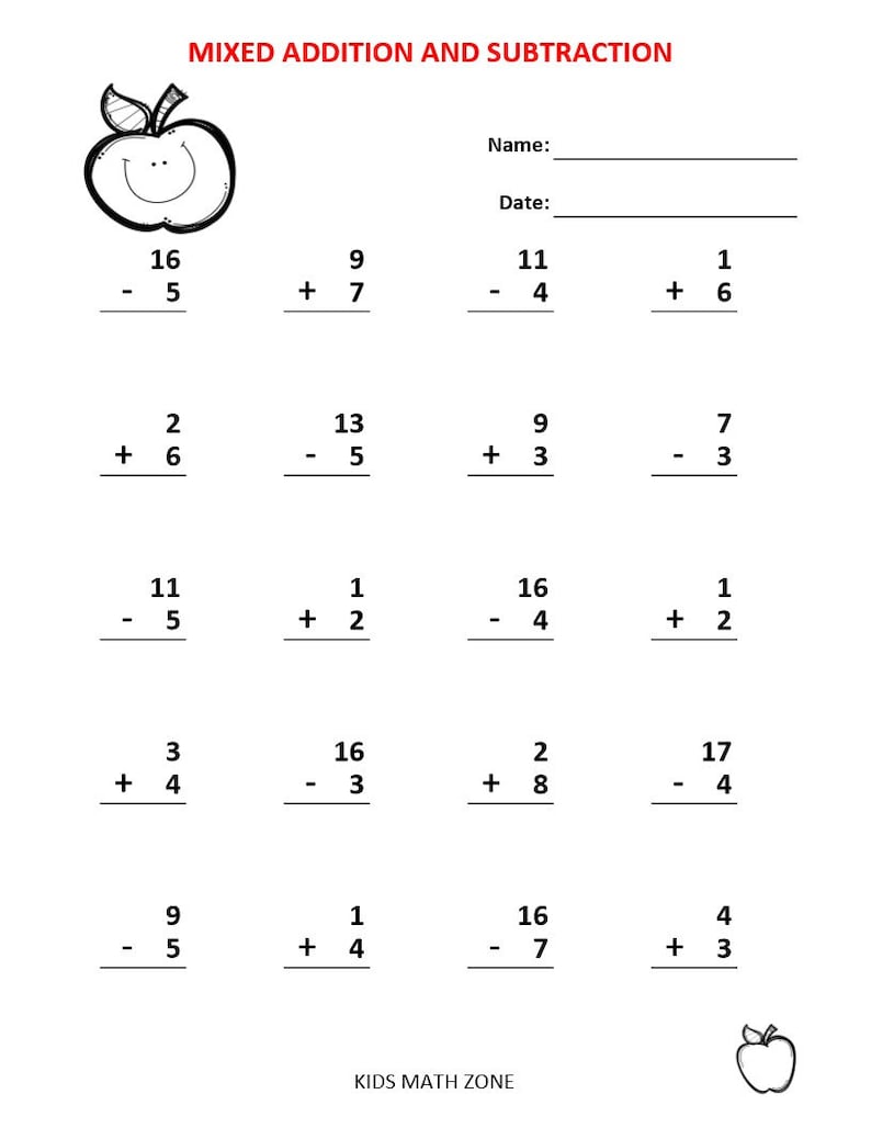 May include: A black and white worksheet with a red apple at the top. The worksheet has math problems for addition and subtraction. The problems are arranged in a grid with four columns and six rows. The problems are all single-digit numbers. The worksheet is titled "Mixed Addition and Subtraction".