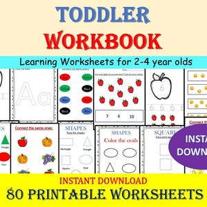 May include: A toddler workbook featuring 80 printable worksheets for 2-4 year olds, including learning activities for letters, numbers, shapes, and colors. The pages contain black and white line drawings of apples, fruits, and geometric shapes, with an instant download label.