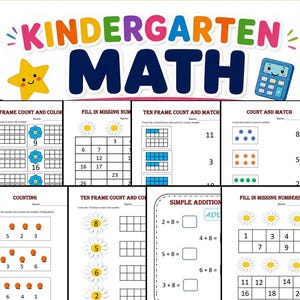 May include: A collection of educational worksheets titled Kindergarten Math featuring exercises like ten frame counting, fill in the missing numbers, simple addition, and counting tasks. The pages include illustrations of flowers, basketballs, and numbers.
