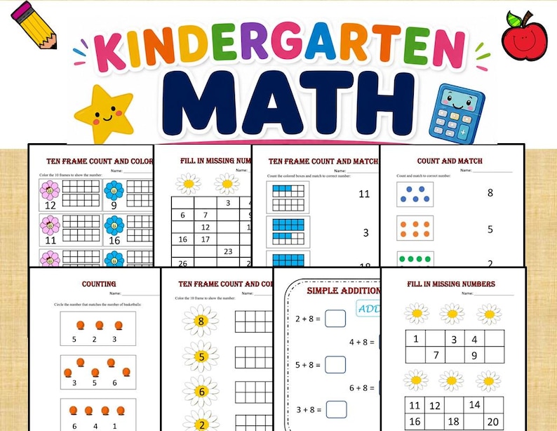 May include: A collection of educational worksheets titled Kindergarten Math featuring exercises like ten frame counting, fill in the missing numbers, simple addition, and counting tasks. The pages include illustrations of flowers, basketballs, and numbers.