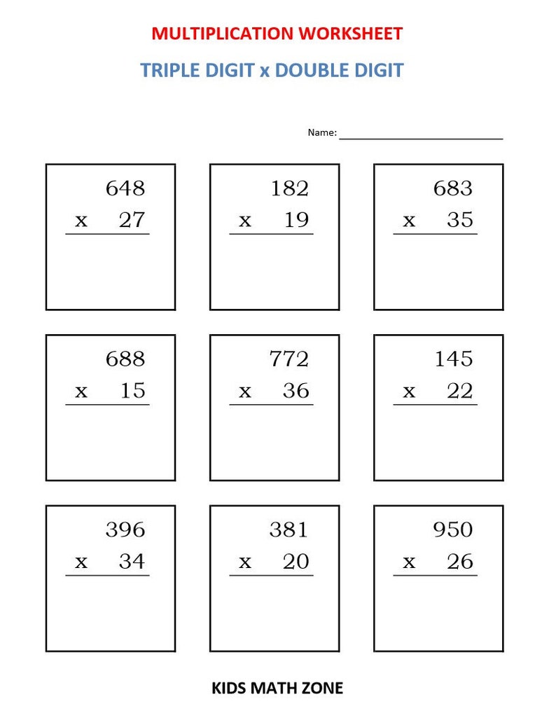  Multiplication triple digit X double digit 10 Printable Etsy