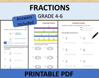 Fractions Worksheets Printable with Answers, Fractions Workbook for Kids, Fraction Practice, Equivalent & Comparing Fractions.  PDF