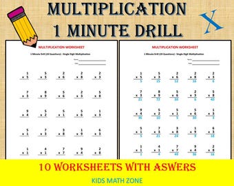 Multiplication 1-Minute Drill: 10 Math Worksheets with Answers (PDF)