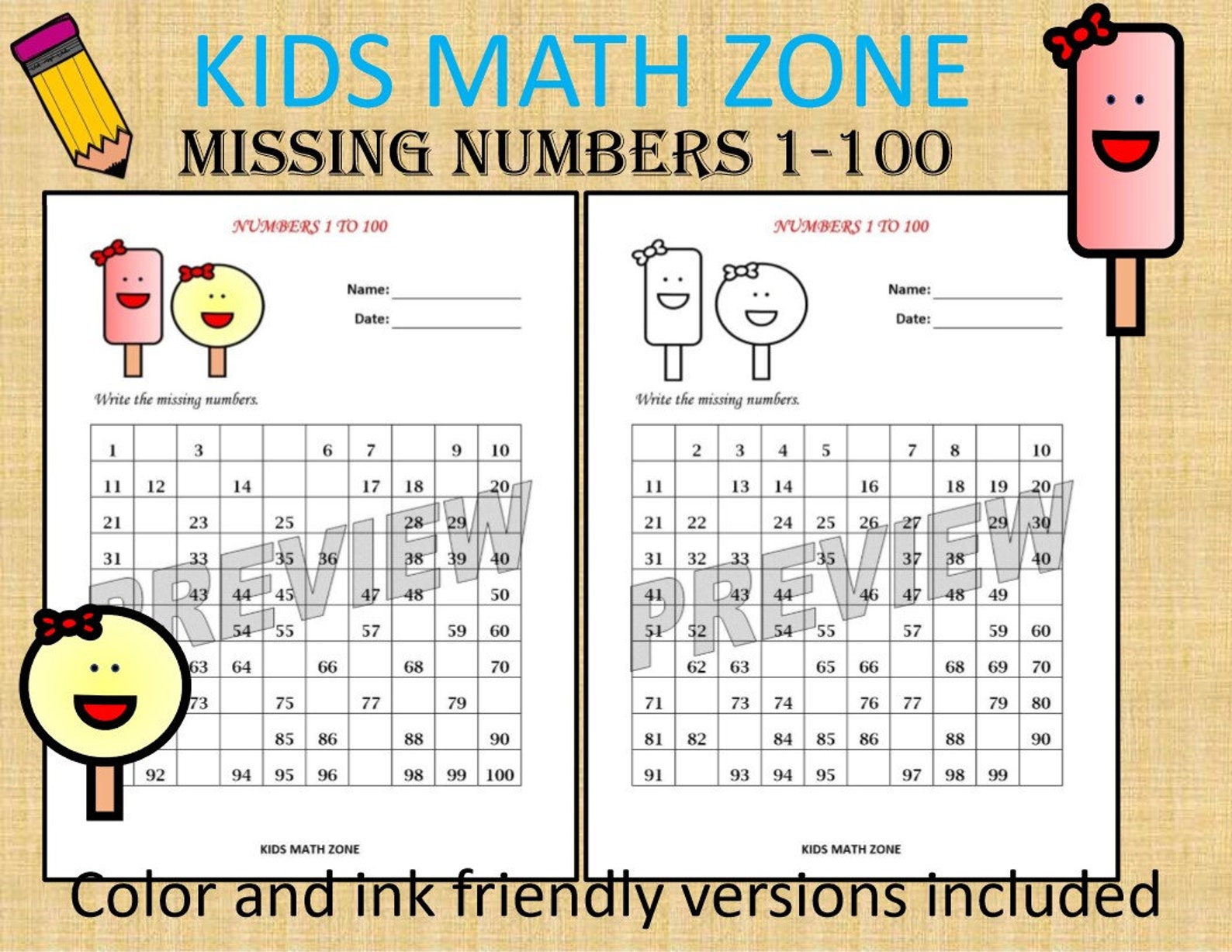 Missing Numbers 1 to 100 Printable Worksheets /pdf/ Preschool ...