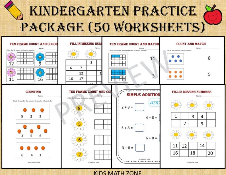 kindergarten practice package 50 math worksheets for etsy