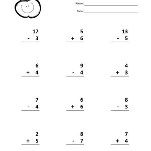 May include: A worksheet with a cartoon apple at the top and nine math problems involving addition and subtraction. The problems are arranged in three columns with three problems in each column. The problems are all single-digit addition and subtraction problems.