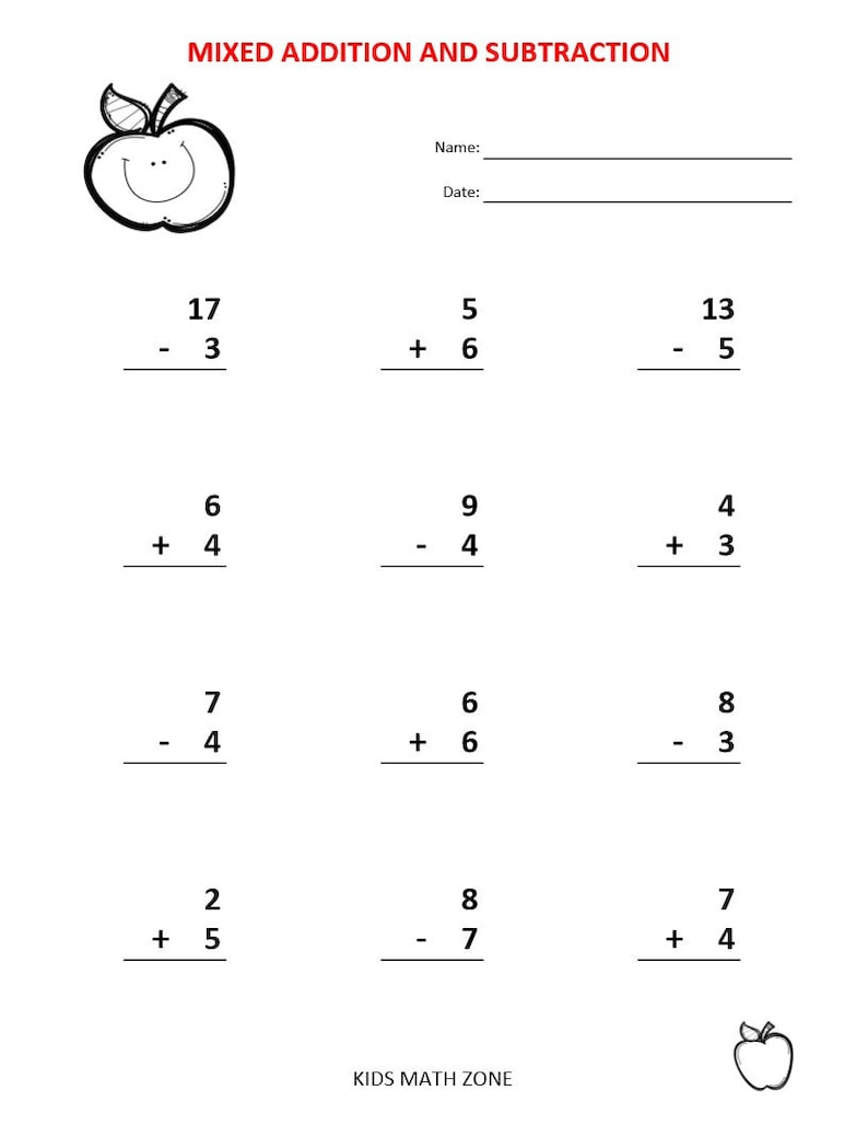 May include: A worksheet with a cartoon apple at the top and nine math problems involving addition and subtraction. The problems are arranged in three columns with three problems in each column. The problems are all single-digit addition and subtraction problems.