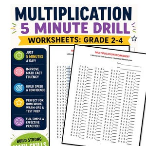 May include: A worksheet titled "Multiplication 5 Minute Drill" with sums for grades 2-4. The image includes icons for "Print & Go PDF" and "Instant Download". The text also says "Grades 2-4".