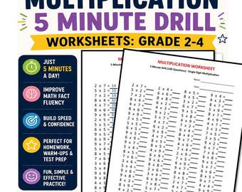 Hojas de ejercicios de multiplicación de 5 minutos: Grado 2-4 (Descarga en PDF), Ejercicios de multiplicación cronometrados, Datos matemáticos, Hojas de práctica.