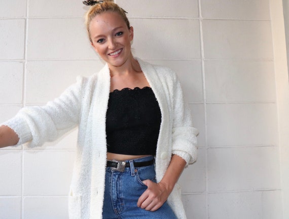 Vintage White Fuzz, Puff Sleeve Cardigan Sweater