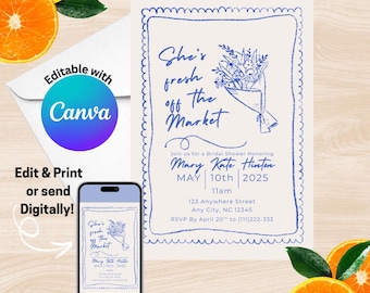 Fresh off the Market Bridal Shower Invitation - Editable Canva Template | DIY Hand Drawn Farmer's Market Wedding Shower Invite