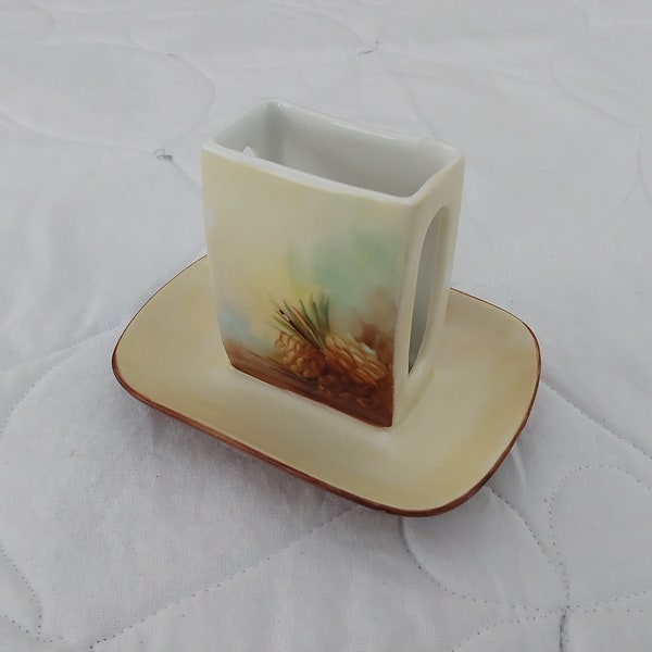 Limoges Handpainted Pinecone Design Matchbook Holder and Ashtray, Marked T&V