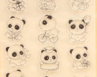 Baby Pandas Clear Rubber Stamp Set w/ cake, panda, graduation, birthday party, christmas, hat, gift, present