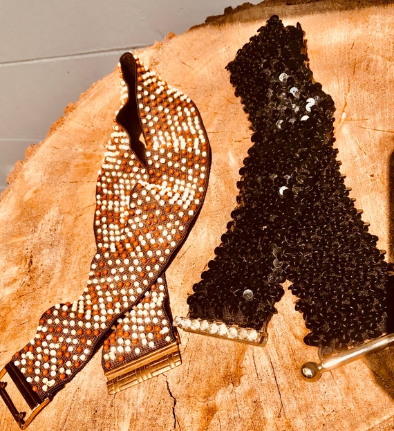 Vintage Black Beaded Sequin Stretch Waist Belt Small Vintage Black Elastic Waist Belt: Beaded Women main image 3